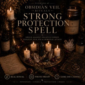 May include: A ritual set featuring a central black crystal point surrounded by four white pillar candles on a dark plate. Includes a jar labeled Protection Black Salt & Herbs, a bottle of Protection Oil, a spray bottle, and a handwritten note.