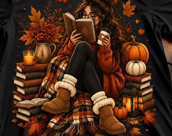Gezellig herfst T-shirt voor boekenliefhebbers, T-shirt met pompoenkruidenprint voor leesliefhebbers, T-shirt met herfstthema