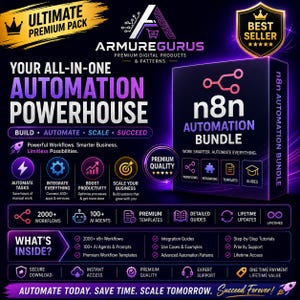May include: A digital product advertisement for the n8n Automation Bundle by ArmureGurus. The graphic features a dark background with purple and blue neon accents, displaying text about workflows, AI agents, templates, and guides for business automation.