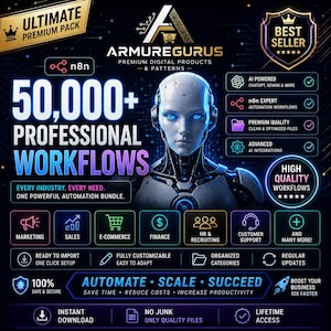 Könnte beinhalten: Eine digitale Produktwerbung mit einer zentralen Androidenfigur mit leuchtend blauen Augen. Der Text lautet 50.000+ PROFESSIONAL WORKFLOWS, ARMUREGURUS, BEST SELLER und AUTOMATE SCALE SUCCEED, mit Symbolen für Marketing, Vertrieb und E-Commerce.