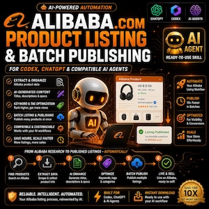 May include: A digital infographic titled AI-POWERED AUTOMATION ALIBABA.COM PRODUCT LISTING & BATCH PUBLISHING. It features a white robot using a laptop, icons for ChatGPT and Codex, and a step-by-step workflow diagram with orange and black text.