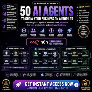 Op de afbeelding: Een digitale afbeelding voor een Premium AI Bundle met 50 AI-agents om bedrijfsactiviteiten te automatiseren. De lay-out bevat secties voor marketing, operaties, e-commerce automatisering, n8n-compatibiliteit en een knop voor directe toegang.