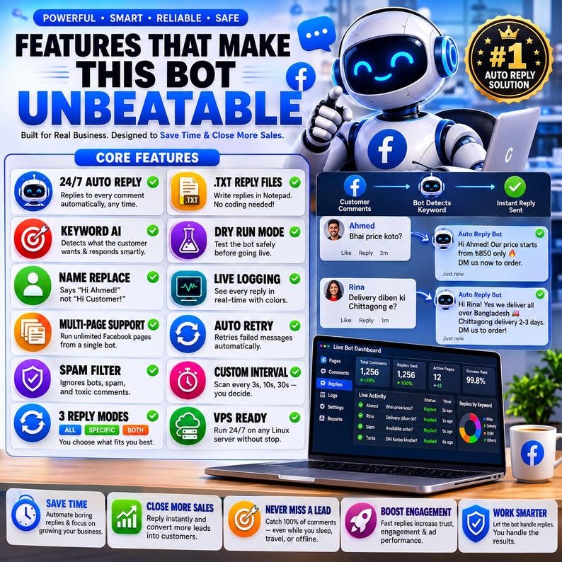 facebook bot, auto reply bot, facebook automation, comment automation, python bot, facebook marketing, lead generation, ecommerce automation, social media bot, smart replies, business automation, facebook tool,