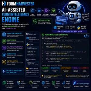 May include: An infographic for FormHarvester, an AI-assisted form intelligence engine. It features a white robot, icons for scraping and form submission, and technical details including Python code snippets, CLI examples, and status indicators.