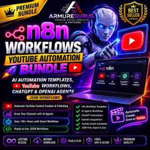 May include: A digital product bundle for n8n YouTube automation featuring a robotic figure, a laptop displaying workflow diagrams, and neon-style text including n8n WORKFLOWS, YOUTUBE AUTOMATION BUNDLE, and AI AUTOMATION TEMPLATES, CHATGPT & OPENAI AGENTS.