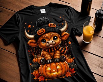 Spooky Highland Cow Halloween T-shirtontwerp, pompoenmuts, herfstsublimatie (digitale download)