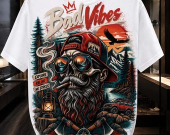 Bad Vibes Skull PNG, Bearded Skull DTF Transfer, Wild Outdoors Shirt Design (Digital Download)