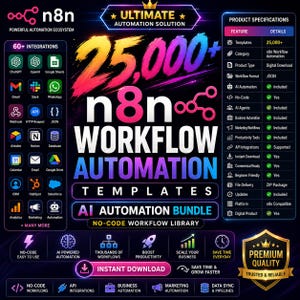 Op de afbeelding: Een digitale productadvertentie voor n8n workflow-automatiseringstemplates met 25.000+ templates, 60+ integraties en een productspecificatietabel. Het ontwerp gebruikt een donkere achtergrond met neontekst en iconen voor AI-automatisering.