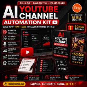 Könnte beinhalten: Ein KI-YouTube-Kanal-Automatisierungskit mit einem Laptop, der Analysedaten anzeigt, einer Box mit der Aufschrift AI YouTube Channel Automation Kit, einem Notizbuch, einem Tablet, einem Smartphone und einem Stapel Anime-Bilder mit Text.