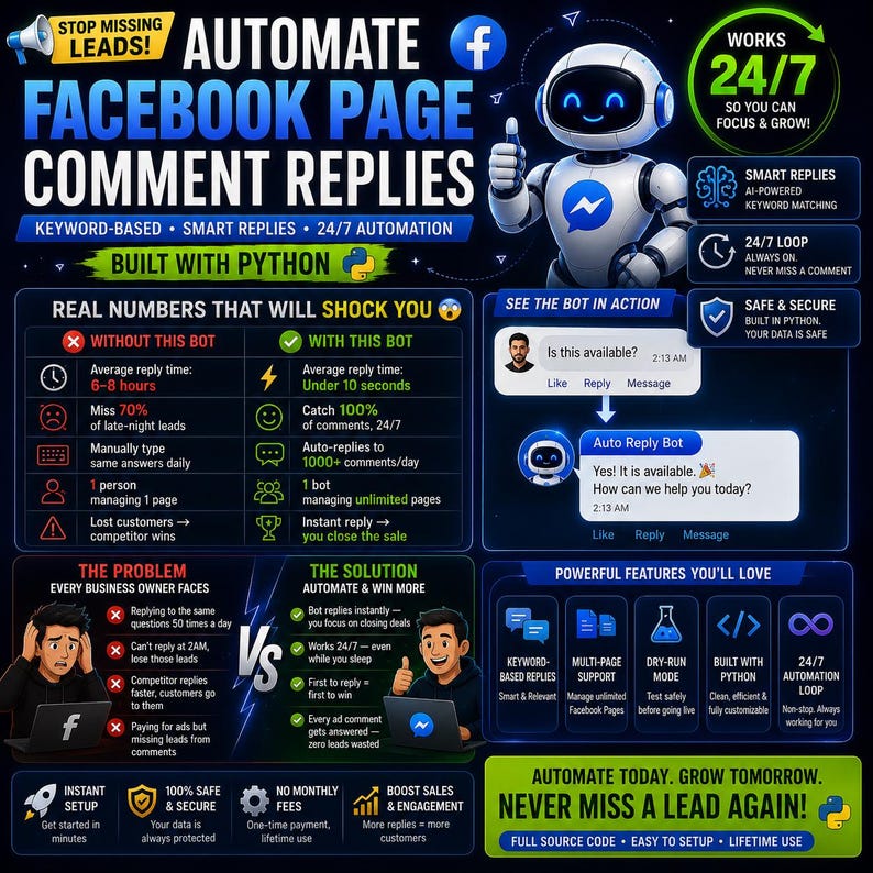 facebook bot, auto reply bot, facebook automation, comment automation, python bot, facebook marketing, lead generation, ecommerce automation, social media bot, smart replies, business automation, facebook tool,