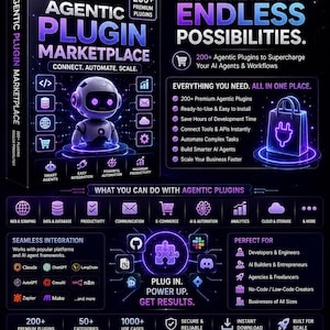 May include: A digital marketing graphic for the Agentic Plugin Marketplace featuring a robot character, neon purple and blue text, and icons. It highlights 200+ premium plugins, seamless integration with AI frameworks, and tools for automation and scaling.