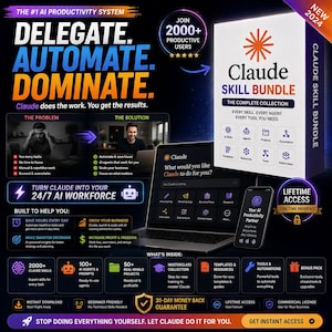 May include: A digital product advertisement for the Claude Skill Bundle, featuring a laptop and smartphone displaying an AI interface. The graphic includes text such as Delegate, Automate, Dominate, and lists features like 2000+ skills, 100+ agents, and a masterclass collection, all presented on a dark background.