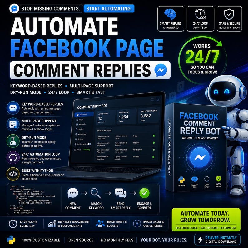 facebook bot, auto reply bot, facebook automation, comment automation, python bot, facebook marketing, lead generation, ecommerce automation, social media bot, smart replies, business automation, facebook tool,