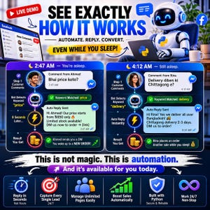 facebook bot, auto reply bot, facebook automation, comment automation, python bot, facebook marketing, lead generation, ecommerce automation, social media bot, smart replies, business automation, facebook tool,