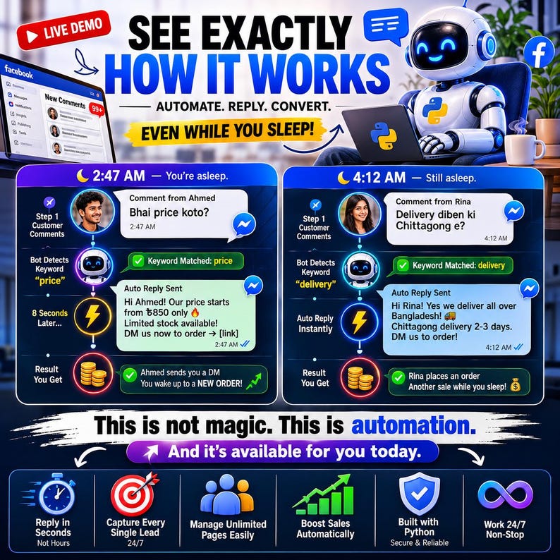 facebook bot, auto reply bot, facebook automation, comment automation, python bot, facebook marketing, lead generation, ecommerce automation, social media bot, smart replies, business automation, facebook tool,
