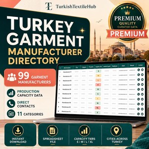 以下が含まれることがあります： トルコの衣料品メーカーディレクトリのデジタル表示。99社のメーカーリスト、生産能力データ、直接連絡先が記載されています。画面には、各企業のS、M、L、XLの容量階層を示すスプレッドシートが表示されています。