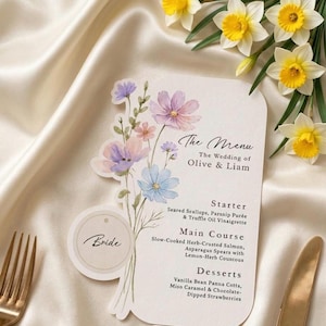 Custom Pastel Floral Wedding Menu Card Template, Wildflower Dinner Menu Printable, Elegant Reception