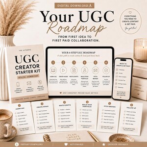 Könnte beinhalten: Ein digitales UGC-Creator-Starter-Kit mit einem Roadmap-Leitfaden, einem Tablet mit einem 6-Schritte-Prozess, einem Smartphone mit Checkliste und sechs einzelnen Karten, die die Schritte vom UGC-Lernen bis zum Follow-up beschreiben.