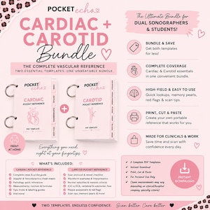 May include: A light pink digital reference bundle for sonographers featuring two ring-bound booklets titled Cardiac Pocket Reference and Carotid Pocket Reference. The graphic includes text, icons, and lists detailing clinical templates for study.