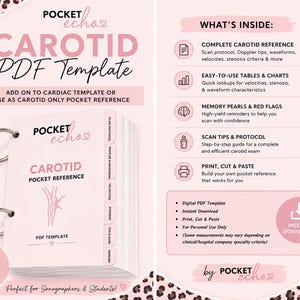May include: A light pink Pocket Echo Carotid PDF template reference guide bound with two silver metal rings. The cover features the text Carotid Pocket Reference and a line drawing of a carotid artery. The interior pages include scan protocols, Doppler tips, waveforms, velocity tables, and memory pearls for sonographers.