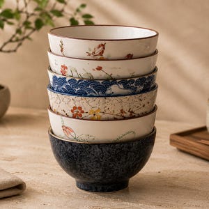 Set aus 6 japanischen Keramikschalen, handgefertigtes asiatisches Geschirr, Vintage-Keramikkollektion