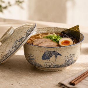Ceramic Donburi Bowl with Lid, Japanese Rice Bowl, Fish Design Dinnerware