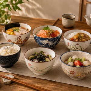 Peut inclure: Un ensemble de six bols en céramique présentant divers motifs, notamment des fleurs, des vagues bleues et des finitions mouchetées. Chaque bol contient un aliment différent, comme des ramen, du riz, du curry, une salade et des fruits.