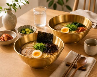 Juego de 2 cuencos para ramen de acero inoxidable dorado, juego de cuencos de lujo para fideos, vajilla coreana de primera calidad.