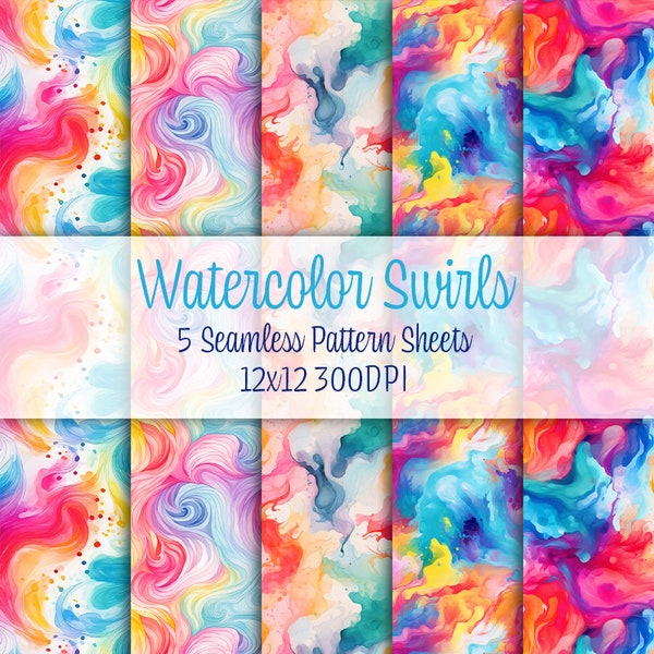 Watercolor Swirls Digital Paper Seamless Patterns for Scrapbooking, Fabric or More!