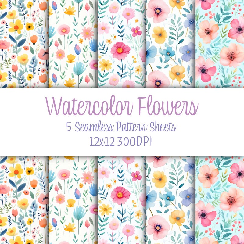 Watercolor Flowers Digital Paper Seamless Patterns for Scrapbooking ...