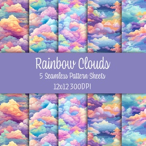 ¡Patrones sin costuras de papel digital Rainbow Clouds para Scrapbooking, tela o más!