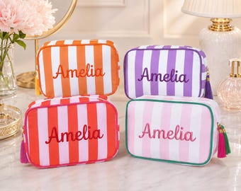 Personalized Striped Makeup Bag, Custom Name Cosmetic Pouch, Embroidered Travel Toiletry Bag, Bridesmaid Gift Toiletry Bag for Wedding Party