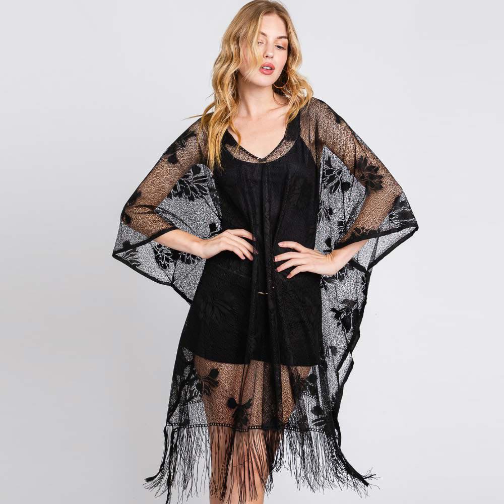 Floral Lace Tassel Poncho, Boho Beach Swimsuit Coverup, Lace Vacation Top, Summer Resort Wear