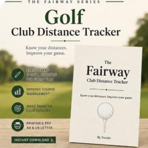 May include: A white informational card titled The Fairway Club Distance Tracker with a golf ball on a tee illustration. Text includes: Know your distances. Improve your game. By Novelo. Features icons for tracking carry and total distance, course management, club choices, and printable PDF A4 and US Letter formats.