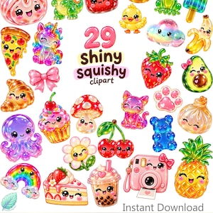 Puede incluir: Una colección de 29 ilustraciones clipart brillantes y blanditas con coloridos personajes kawaii, incluyendo un dinosaurio, rana, fresa, piña, cámara y varios alimentos con el texto 29 shiny squishy clipart y Instant Download PNG.