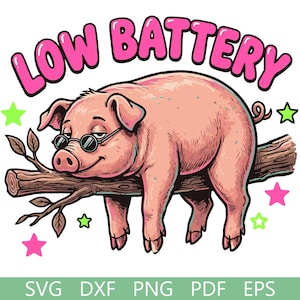 May include: A graphic illustration of a pink pig wearing round black sunglasses, lying across a brown tree branch. Above the pig, the text LOW BATTERY is written in bold pink letters. The design includes small green and pink star shapes.
