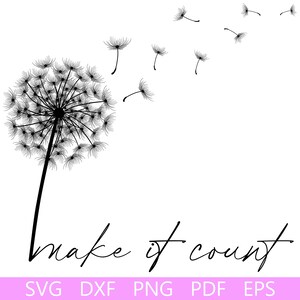 Puede incluir: Una ilustración gráfica negra de un diente de león con semillas volando con el viento, situada sobre el texto en cursiva "make it count". Debajo del diseño, el texto "SVG DXF PNG PDF EPS" aparece en blanco sobre una barra morada clara.