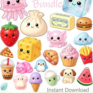 Puede incluir: Una colección digital de ilustraciones estilo caricatura que incluye una medusa rosa, un cubo de hielo azul, una fresa, una bola de masa, mantequilla salada, una hamburguesa, queso, un ajolote, una nube, pizza, un cupcake, papas fritas, té boba, un gato, un pingüino, un croissant, una pata, helado, una bebida verde, un cachorro y sandía con el texto Squishy Bundle e Instant Download PNG.