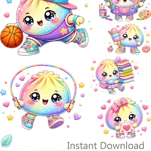May include: A collection of six rainbow-coloured, cartoon-style dumpling characters with large eyes. The characters are depicted performing various activities including playing basketball, jumping rope, painting, eating ice cream, reading, and holding a heart card.