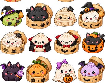 May include: A collection of sixteen digital illustrations featuring cute, anthropomorphic dumplings in bamboo steamers, dressed in various Halloween costumes including ghosts, vampires, mummies, witches, and black cats with pumpkins.