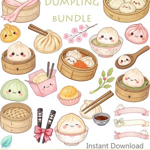 May include: A digital illustration set titled CUTE DUMPLING BUNDLE featuring various anthropomorphic dumplings with smiling faces, bamboo steamers, chopsticks, dipping sauces, pink takeout boxes, cherry blossoms, and decorative ribbons in PNG format.