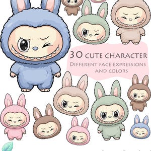 May include: A digital collection of 30 cartoon characters wearing bunny suits in various colors and facial expressions. The text reads 30 CUTE CHARACTER DIFFERENT FACE EXPRESSIONS AND COLORS, and the file formats listed are SVG, DXF, PNG, PDF, EPS.