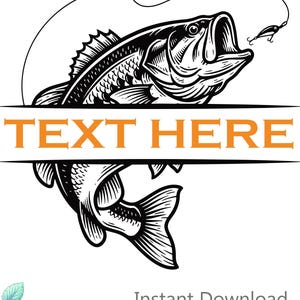 May include: A black and white graphic illustration of a largemouth bass fish jumping out of the water with a fishing lure attached to a line above its head. A horizontal orange banner with the text "TEXT HERE" splits the fish image in two.