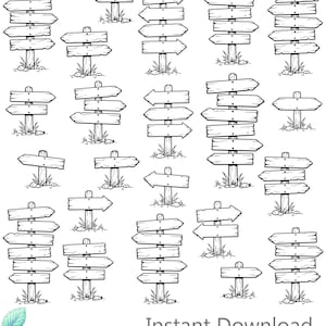 May include: A collection of 22 black and white line art illustrations of wooden destination signs with various arrow shapes and post designs, featuring text at the top reading 22 DESTINATION SIGN and at the bottom reading Instant Download SVG DXF PNG PDF EPS.
