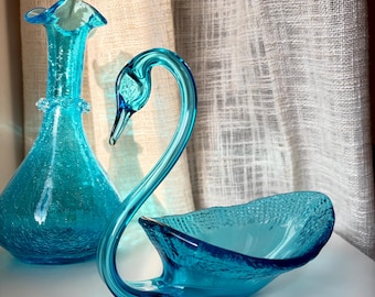 Vintage Mid Century Aqua Glass Ruffle Vase and Swan Bowl Set