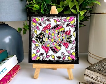 Colourful Fish Painting | Hand-Painted Indian Folk Art | Vibrant Madhubani-Style Artwork | Boho Miniature Shelf Decor | One-of-a-Kind Gift