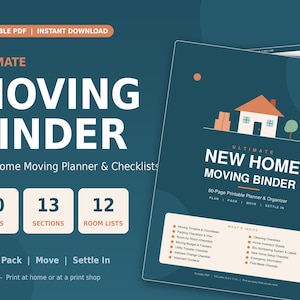 Könnte beinhalten: Ein digitaler, druckbarer Umzugsplaner-Ordner auf dunkelblaugrünem Hintergrund mit weißem Text. Das Deckblatt zeigt den Titel Ultimate New Home Moving Binder, 80 Seiten, 13 Abschnitte, 12 Raumlisten und eine Liste mit Inhalten und Checklisten.