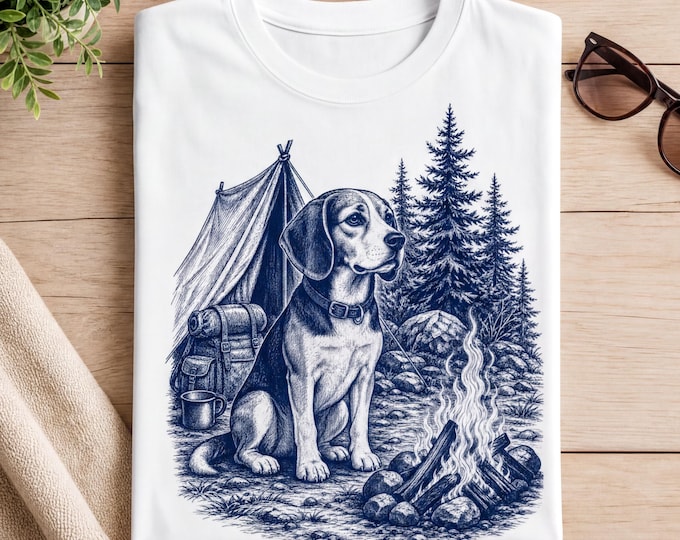 Featured listing image: Beagle Camping T-Shirt: Vintage Campfire Design (Unisex Sizes)