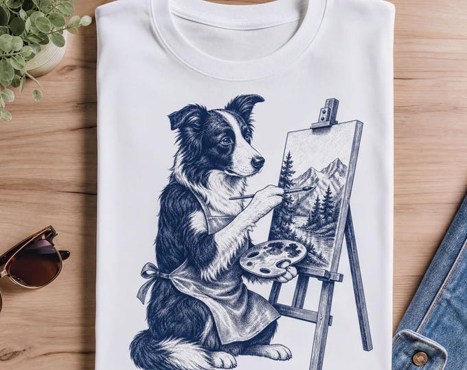 Featured listing image: Artist Dog T-Shirt: Border Collie Painting - Creative Art Tee