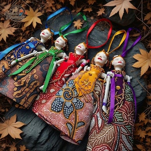 Handmade Wayang Golek Puppet Keychain, Indonesian Wooden Doll Bag Charm (Batik Fabric)